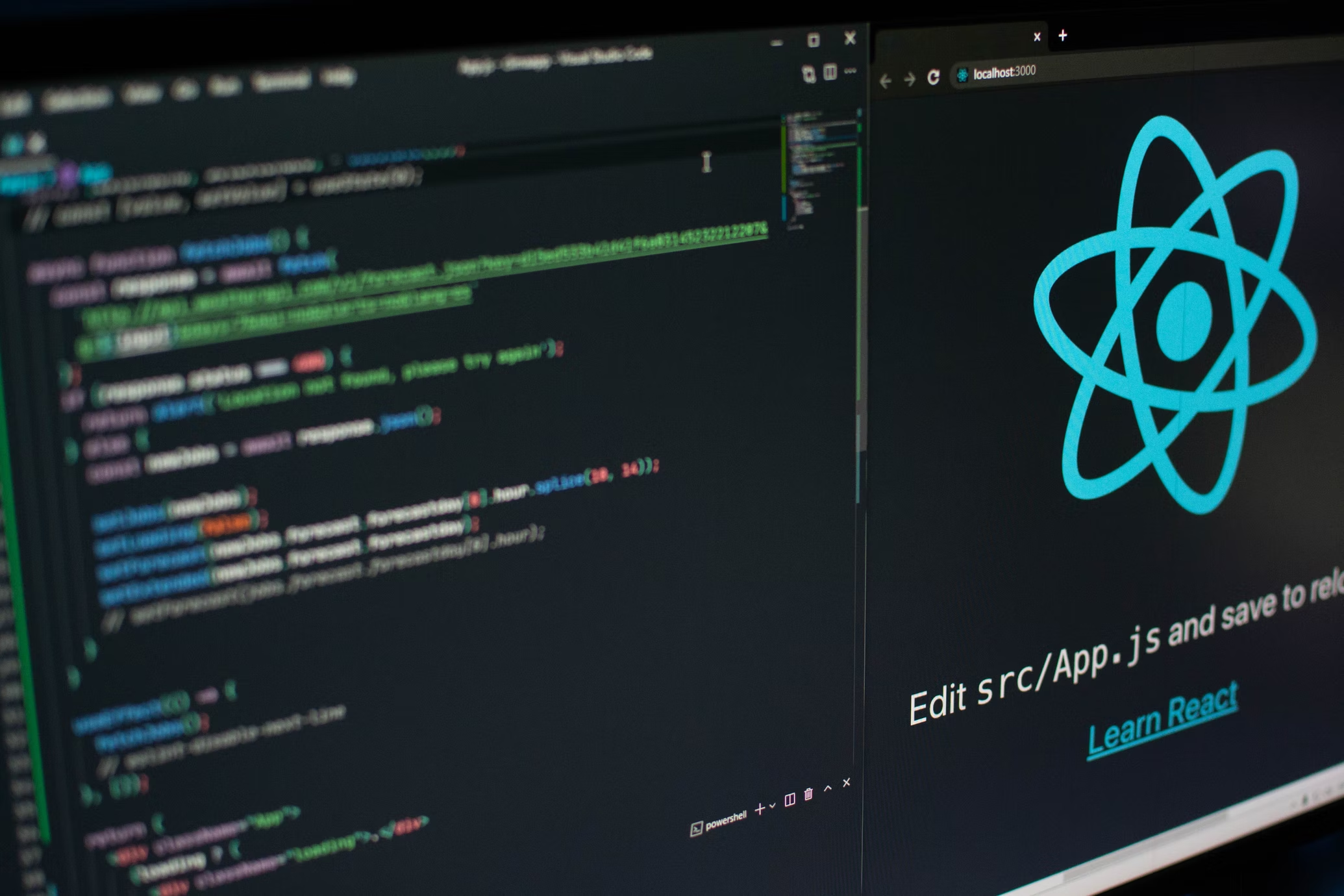 A split screen view of code and a browser on a desktop monitor.